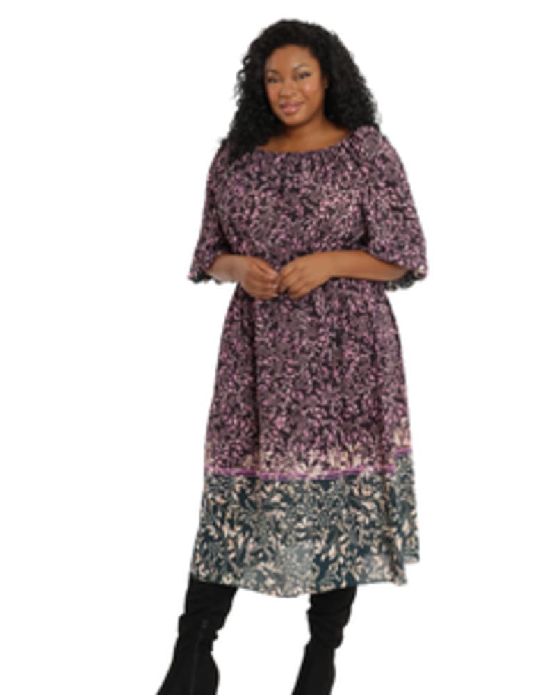 Front of a model wearing a size 14W Smocked Ombre Midi Dress in Black/Orchid by London Times. | dia_product_style_image_id:254886